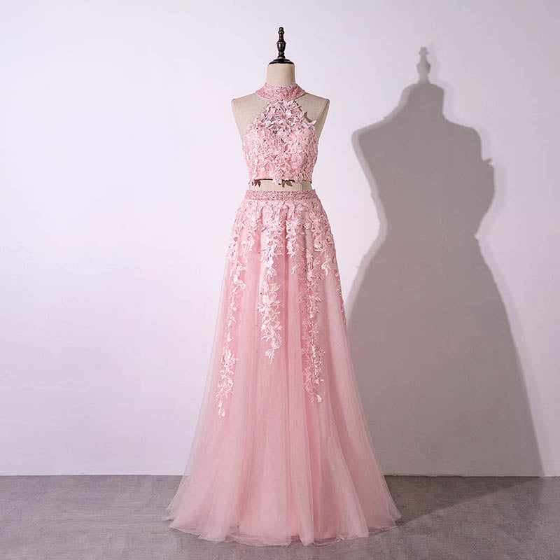 Pink Two Pieces Lace Prom Dress Senior  Graduation Formal Wear Homecoming Long Dress LP820