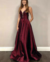 Satin V Neck Burgundy Red Maroon Gowns Long Evening Dress,Long Prom Party Gowns PL07013