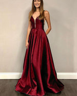 Satin V Neck Burgundy Red Maroon Gowns Long Evening Dress,Long Prom Party Gowns PL07013