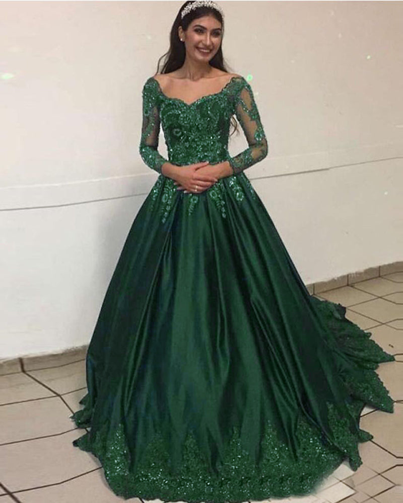 Green/Blue /Burgundy Prom Dress Ball Gown  Vintage Formal Colorful Lace Wedding  Dress for Engagement with Long Sleeves WD0619