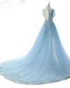 Stylish Blue Lace Beaded Evening Gown with Train Women Formal Carpet Celebrity Dresses PL0721