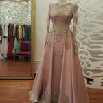 LP4456 Vintage Muslim Long Sleeves Women Formal Evening Gowns Vestido De Festa Longo Gold Lace Appliqued
