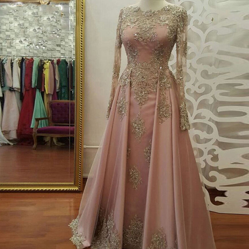 LP4456 Vintage Muslim Long Sleeves Women Formal Evening Gowns Vestido De Festa Longo Gold Lace Appliqued