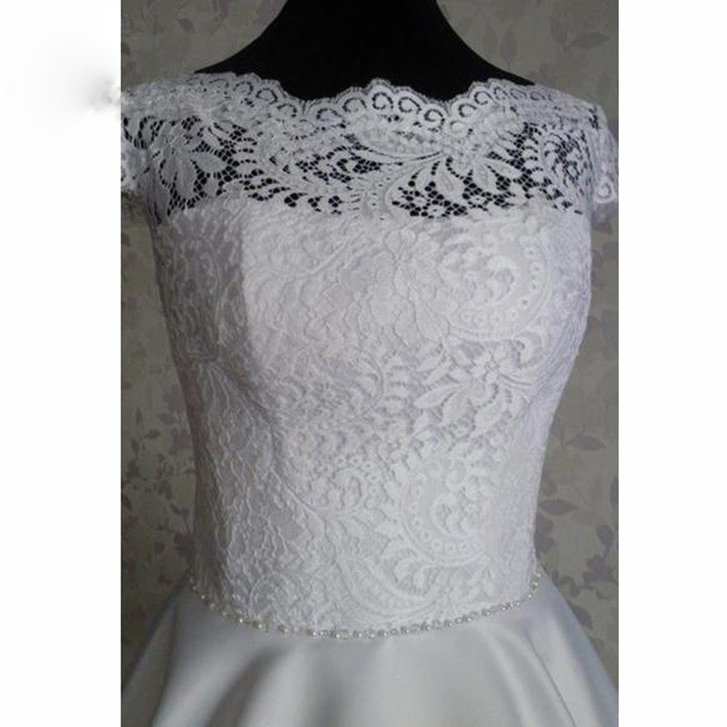 Custom made Cap Sleeves Lace Satin Short A Line  Wedding Dresses,  Tea Length Bridal Gown