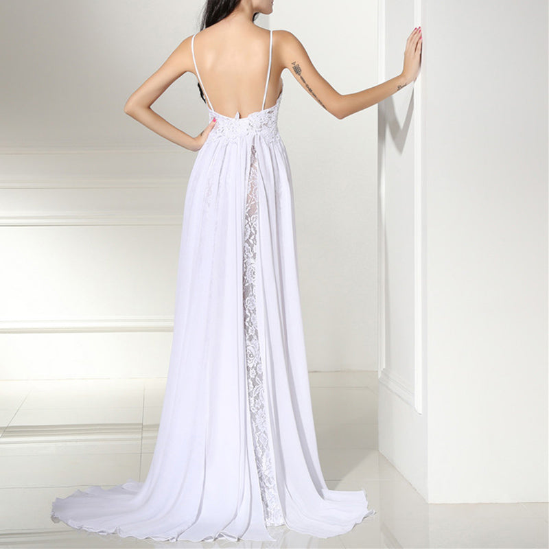 Gorgeous Spaghetti Straps Lace Chiffon Slit Beach Wedding Dress Summer Bridal Gown 2020