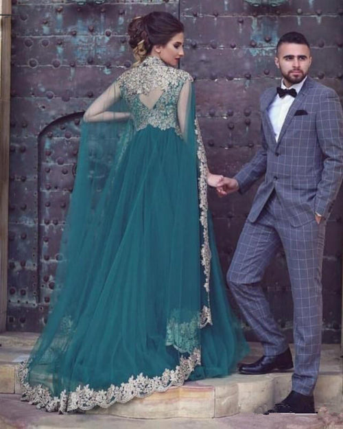 Green Tulle Moroccan Kaftan Evening Dresses with Cape Dubai Arabic Muslim Special Occasion Formal Prom Gown PL0715