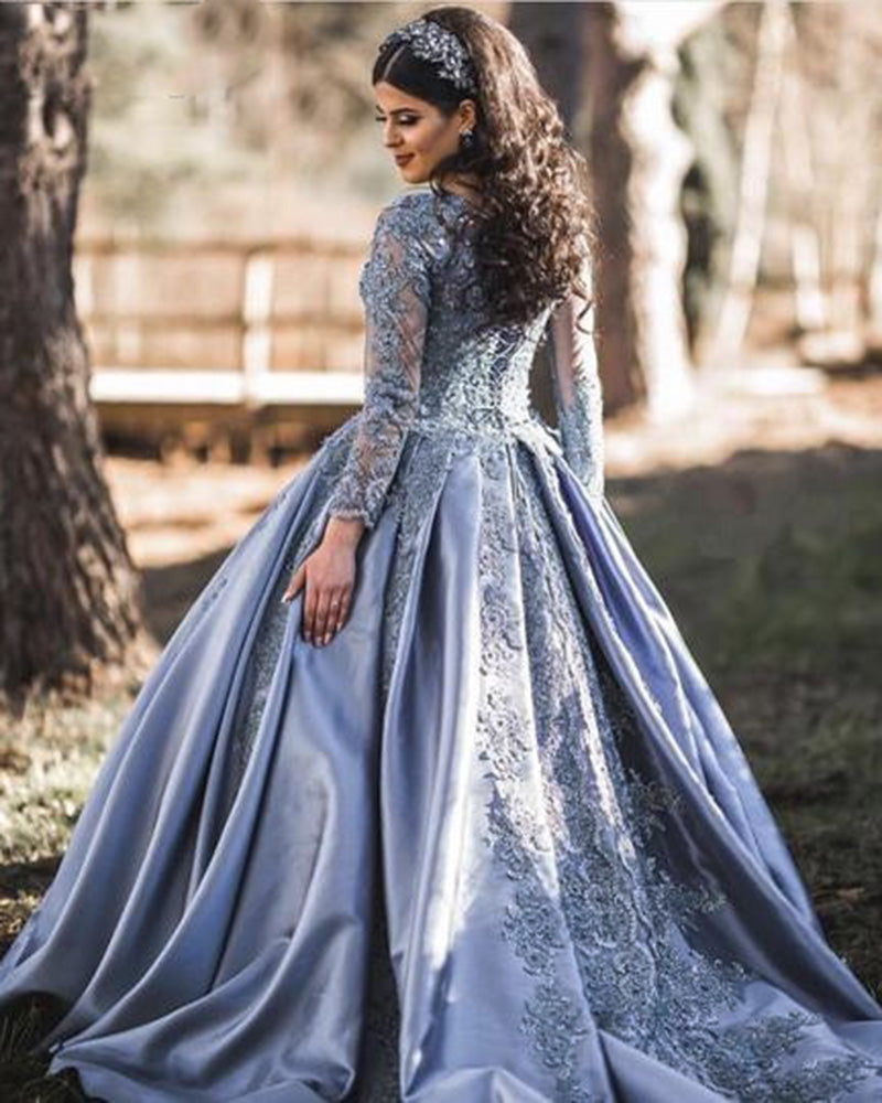 Dust Blue Wedding Dress Lace Long Sleeved Ball Gown Women Formal Evening Wedding Party Dress WD0616