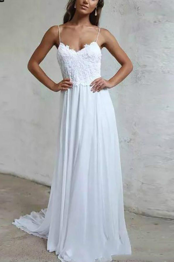 Sexy Spaghetti Straps Boho Beach Wedding Dresses Lace Appliques Bohemian Bridal Dresses