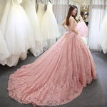 Princess Scoop Neck  Lace Pink Wedding Dress Gown WD10505