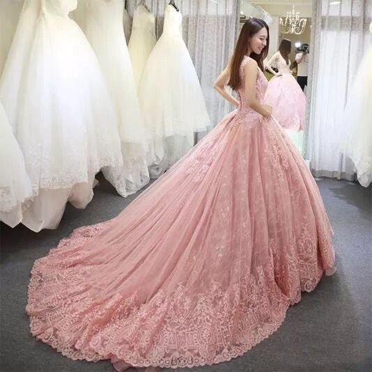 Princess Scoop Neck  Lace Pink Wedding Dress Gown WD10505