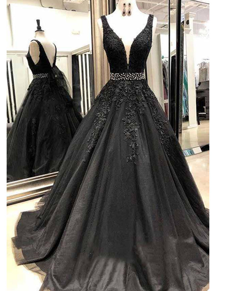 Siaoryne Black Lace Girls Senior Prom Dresses Long with Beading Belt V Neck Formal Gowns PL6522