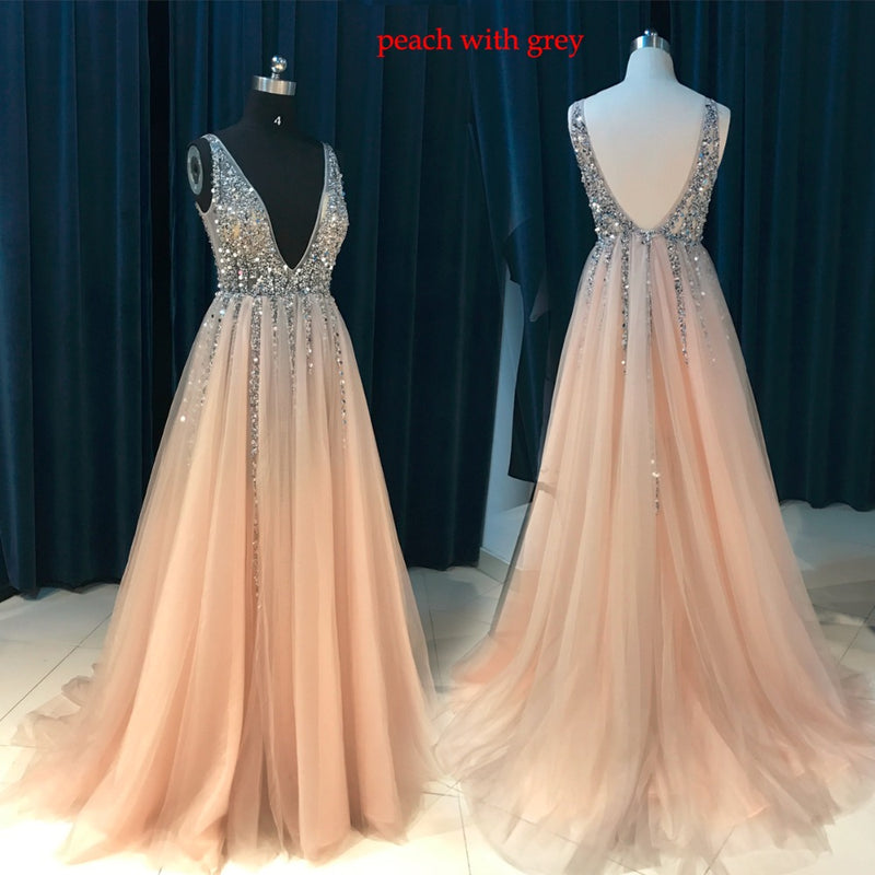 Peach/Gray V Neck Sequins Beading Long Sexy See Through Formal Gowns Prom Dresses PL541