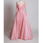 LP745 Luxury Attachable Train Sexy Heavy Beading Prom Dresses with Sleeves Formal Gown Pageant Dresses