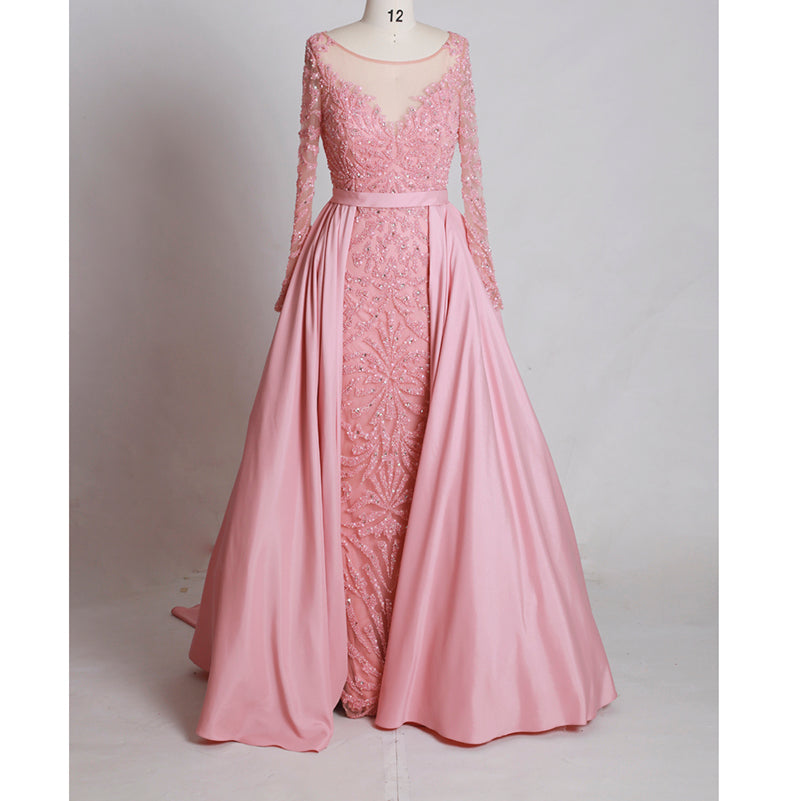 LP745 Luxury Attachable Train Sexy Heavy Beading Prom Dresses with Sleeves Formal Gown Pageant Dresses