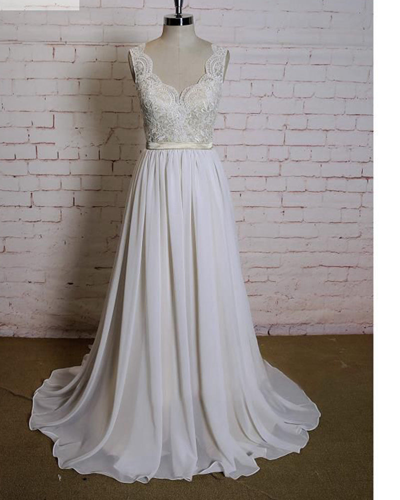 Ivory Lace Chiffon A-line Wedding Dress V-Neck Floor Length Bridal Gown WD10619