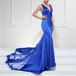 Burgundy Satin Lace Appliqued V Neck Mermaid Prom Dress Women Formal Evening Long Dresses