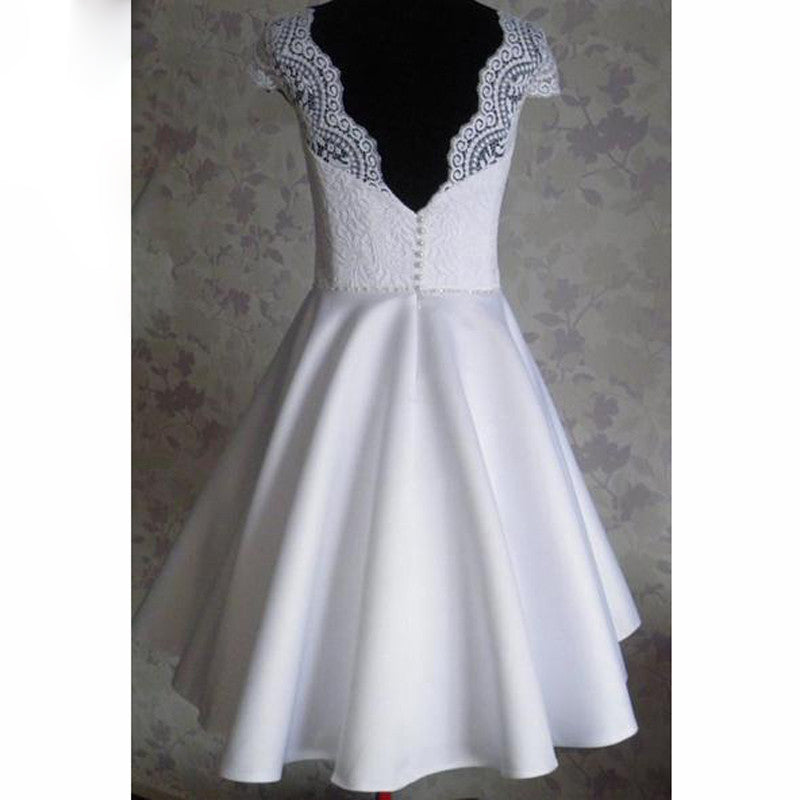 Custom made Cap Sleeves Lace Satin Short A Line  Wedding Dresses,  Tea Length Bridal Gown