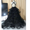 Siaoryne Black Prom Dress Ruffle Sexy Cross Back Formal Gowns