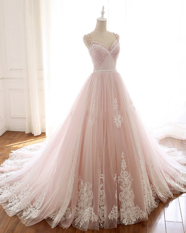 Pink /Ivory Lace Wedding Dress,Girls Sweet 16 Party Prom Gown Quinceanera Dress with Straps PD06238