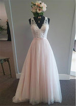 Romantic Pale Pink Ivory Lace and Tulle Formal Dress for Women  V Neck Receptaion Wedding Gown WD10914