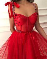 Fancy Women Formal Gowns Long Red Dot Tulle Prom Dresses with Straps Vestidos 2022