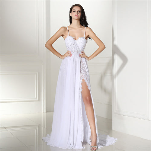 Gorgeous Spaghetti Straps Lace Chiffon Slit Beach Wedding Dress Summer Bridal Gown 2020