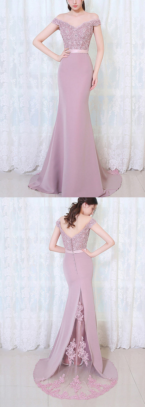 Dreamy Off the Shoulder Dusk Pink Bridesmaid Dress Mermaid Lace Appliqued Women Evening Party Gown