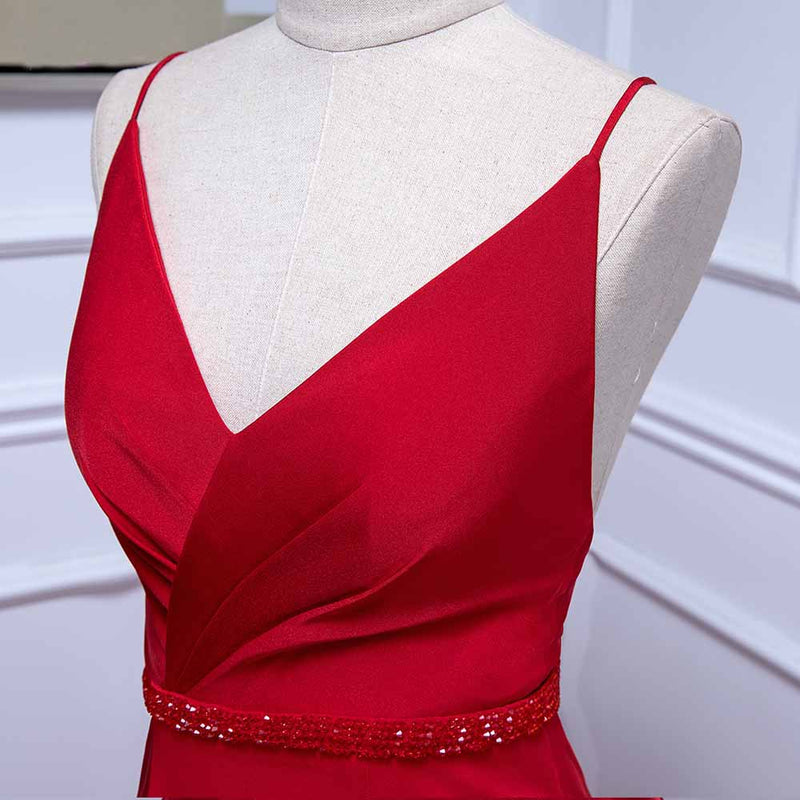Ruby Red Mermaid Prom Dress Long Evening Party Gown for women with Beaded Belt with Spaghetti Straps LP0501