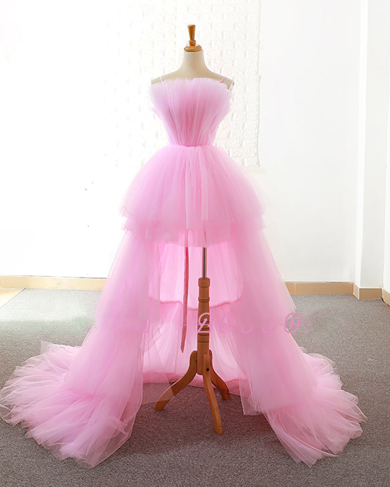 Custom Made High Low Tulle Pink Prom Dresses for Girl Pageant Gown Vestido De Festa Formal Gowns Ballkleider PL103112