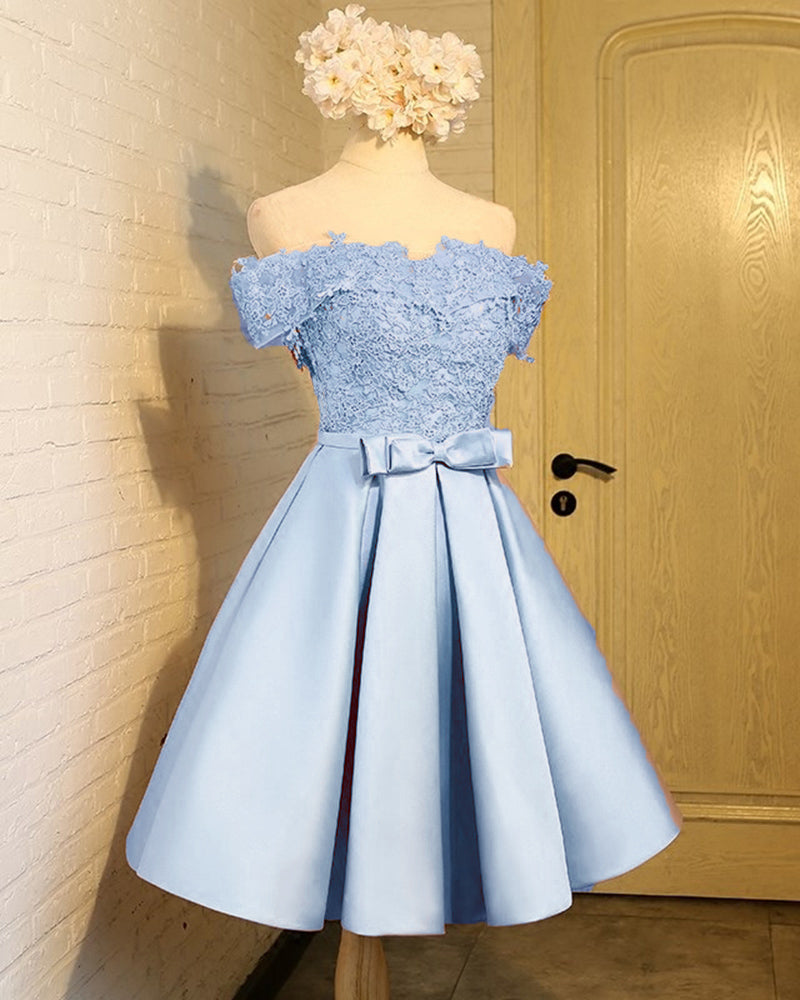 Champagne Short Prom Dresses Off the Shoulder Satin and Lace Homecoming Graduation Gown for Girls SP10118