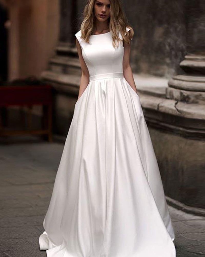 Ivory/White Boat Neck A Line Satin Elegant Wedding Dress,Women Bride Gown WD0804