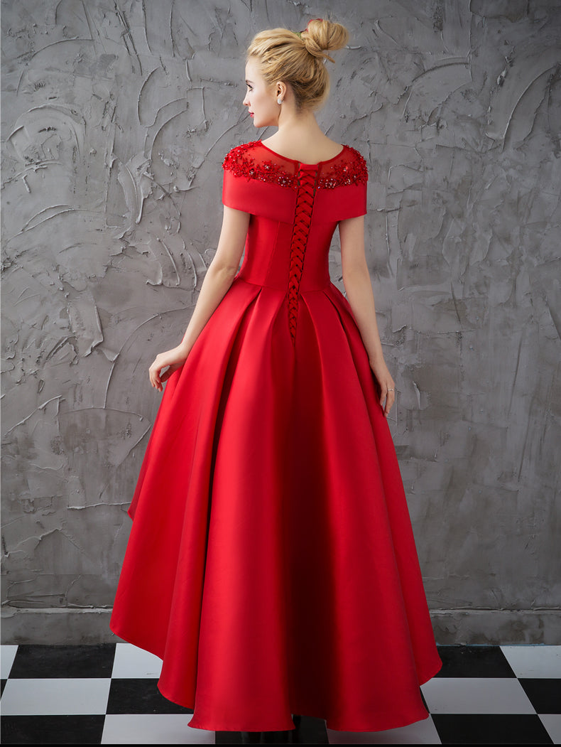 Lovely Burgundy High Low Prom Dress with Short Sleeve Girls Homecoming Gown  vestido de formatura curto