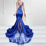 Burgundy Satin Lace Appliqued V Neck Mermaid Prom Dress Women Formal Evening Long Dresses