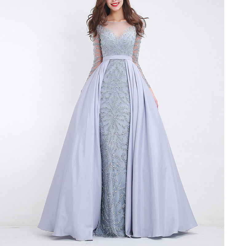 LP745 Luxury Attachable Train Sexy Heavy Beading Prom Dresses with Sleeves Formal Gown Pageant Dresses
