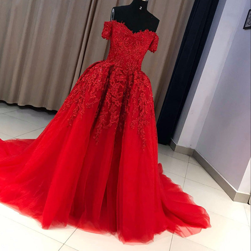 LP5536 Red Prom Dresses Long lace Appliqued off the Shoulder Evening Formal Gowns Court  Train