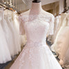 Romantic Off Shoulder Princess A Line White Wedding Dress Lace Bridal Dress with Short Sleeves