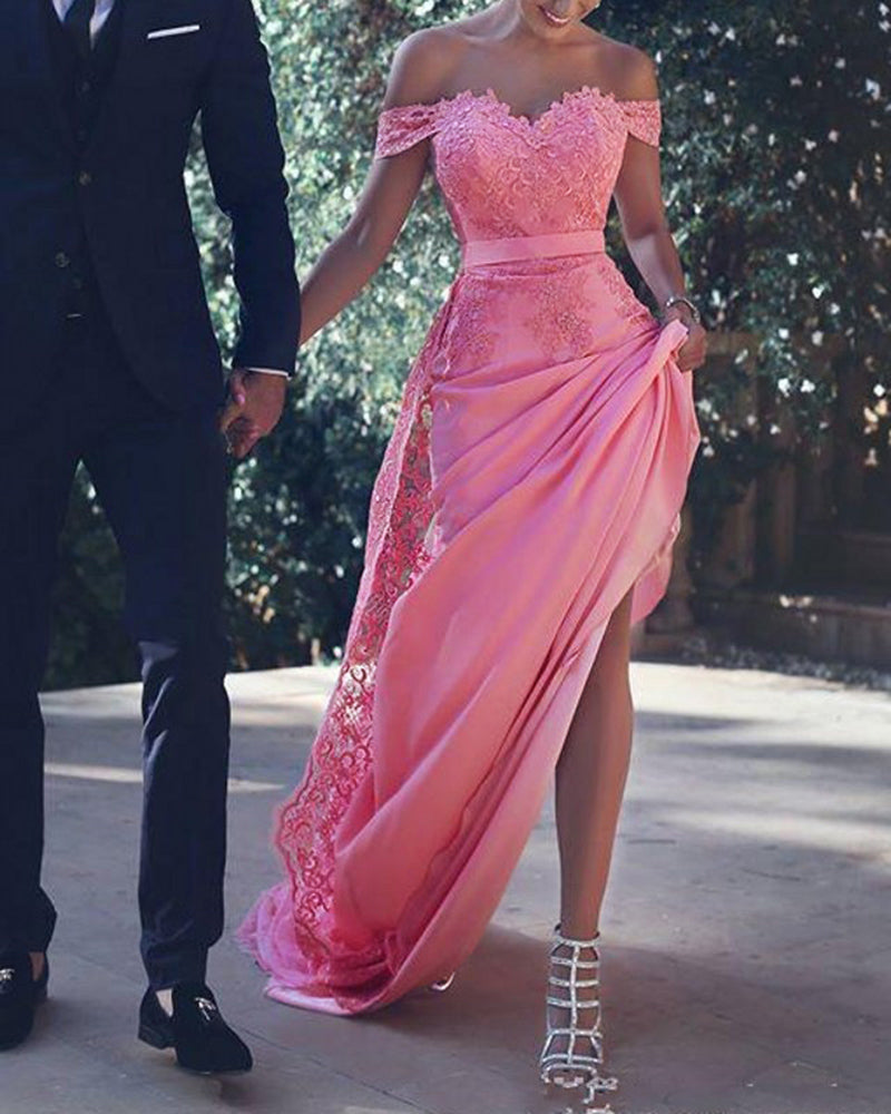 Siaoryne Hot Pink/Light Blue  Lace Off Shoulder Women Formal Wedding Party Gowns Engagement Prom Dresses Long PL306
