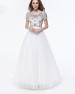 Short Sleeves Girls White Long Graduate Prom Dress with Rhinestones Sweet Party Dress PL0821