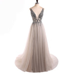 Classy Sexy Grey Dress Deep V Neck Crystal Long Evening Gown 2022 LP0514