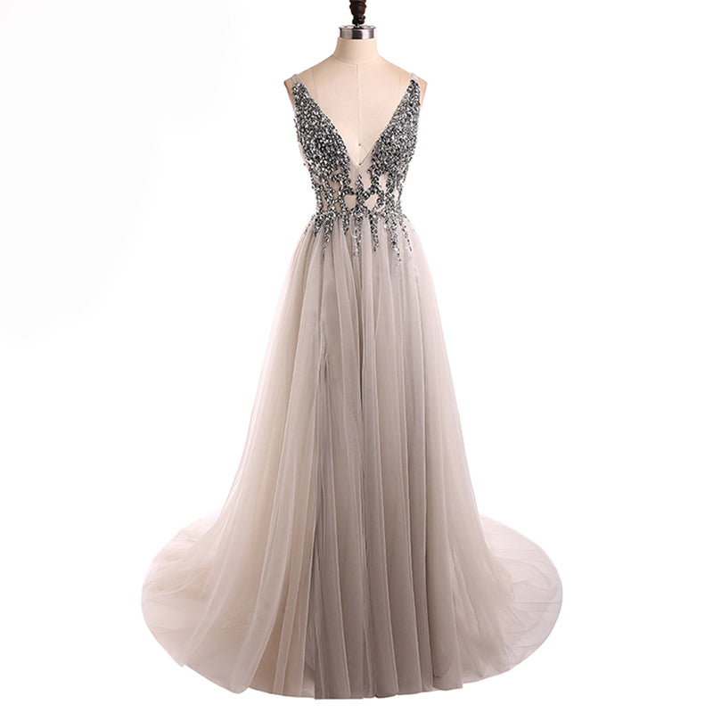 Classy Sexy Grey Dress Deep V Neck Crystal Long Evening Gown 2022 LP0514