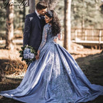 Dust Blue Wedding Dress Lace Long Sleeved Ball Gown Women Formal Evening Wedding Party Dress WD0616