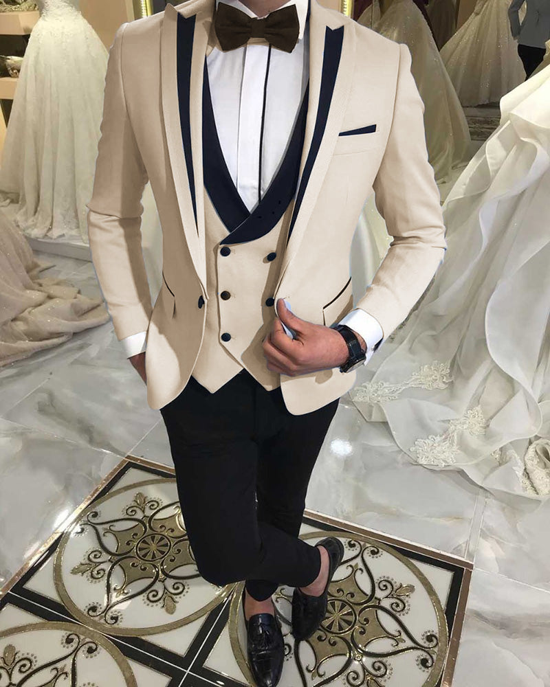 Peak Lapel Slim Fit Mens Formal Prom Outfit  Beige Groom Wedding Tuxedos 3 Pieces Suits