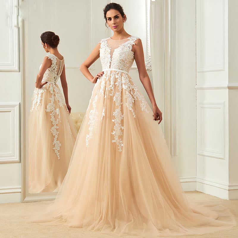 WD627 Vintage Wedding Dress Lace Appliqued,Scoop Neck Champagne Bridal Gown