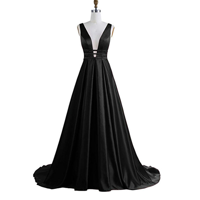 Elegant V Neck Dark Red Prom Dress Satin A Line Formal Graduation Formal Evening Gown Long LP782