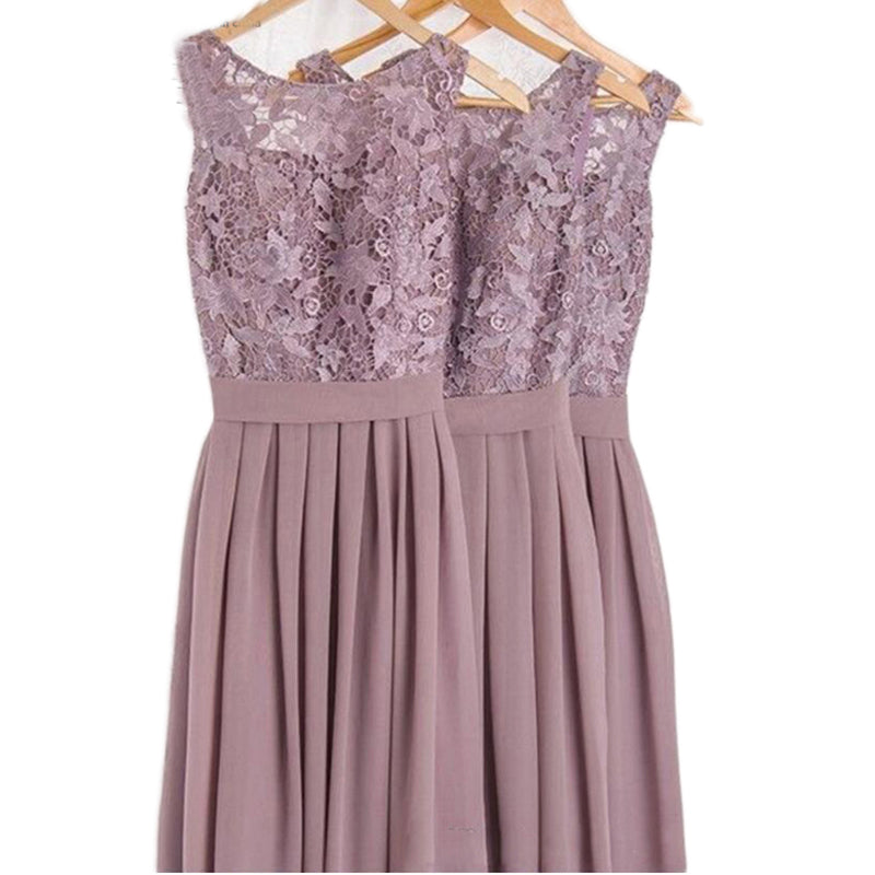 LP3654 Elegante escote redondo de encaje de gasa francesa lila vestidos de dama de honor para mujer vestidos de fiesta de boda largos