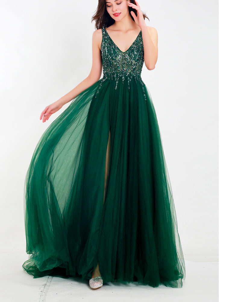 Siaoryne 2020 Prom Dress sexy Light Illusion Tulle crystal V-Neck Sleeveless A-Line Long Prom Party Woman Dress