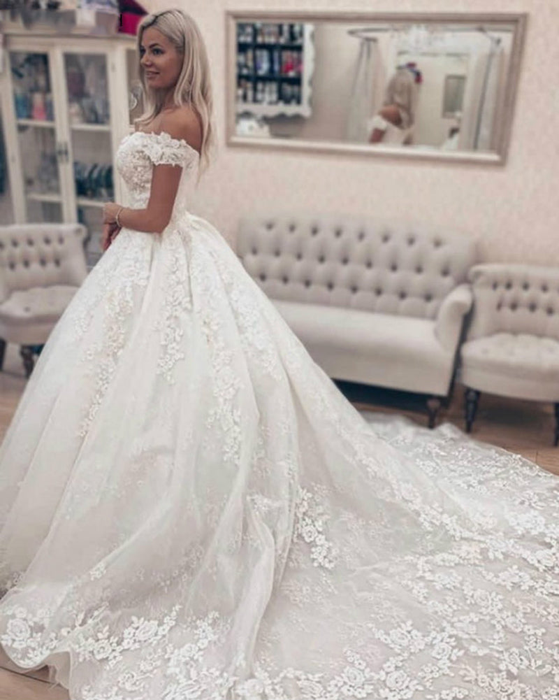 New Off Shoulder Lace Ball Gown Bridal Dress,Iovry /White Wedding Dress for Women WD0613