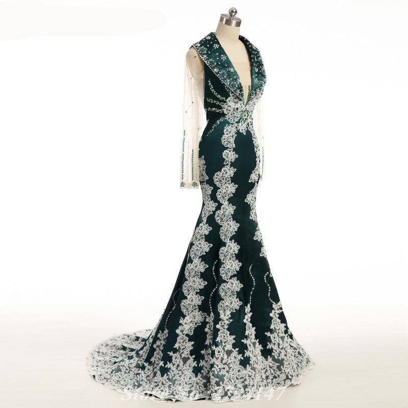 LP5526 Vestido de noche de Dubái, verde oscuro, mangas largas, estilo musulmán árabe, vestido formal de encaje para mujer