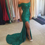 Sexy Off the Shoulder Long Evening Dress Sequins Party Gown with split
