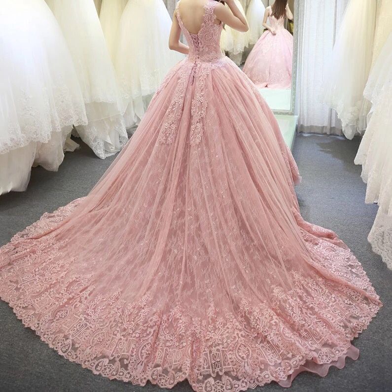 Princess Scoop Neck  Lace Pink Wedding Dress Gown WD10505